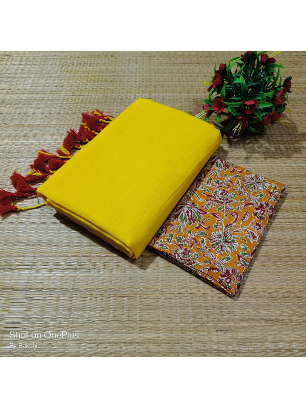 Plain khadi with Blouse(Yellow) Plain khadi with Blouse(Yellow)